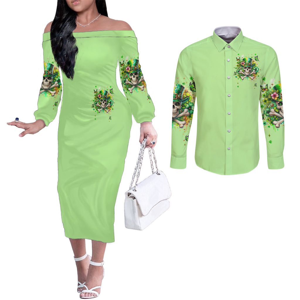 Irish Skull Couples Matching Off The Shoulder Long Sleeve Dress and Long Sleeve Button Shirt Let The Shenanigans Begin