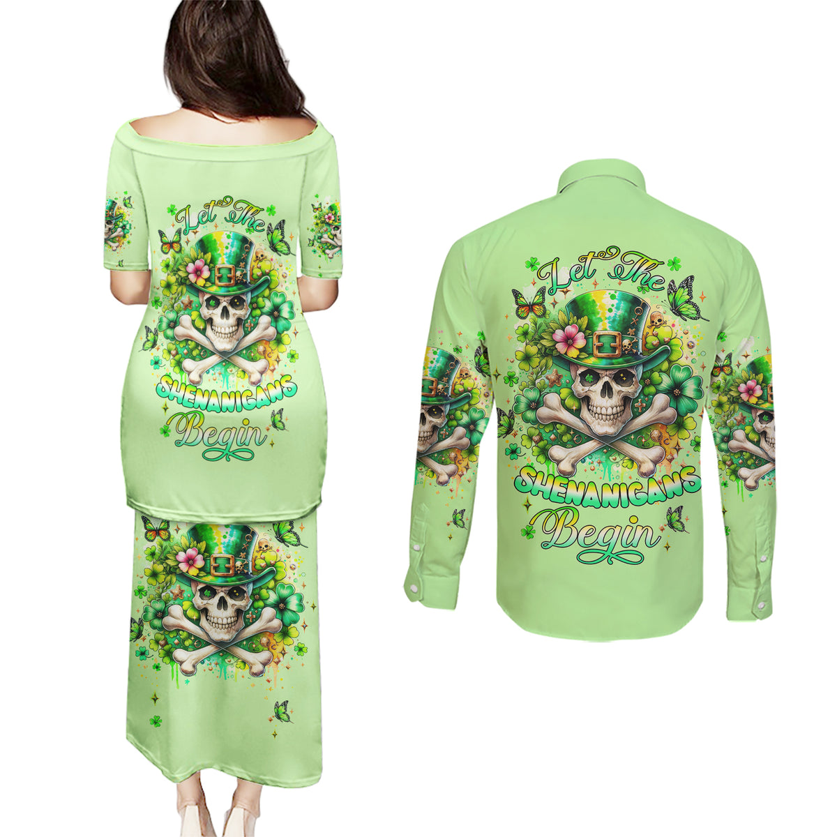 Irish Skull Couples Matching Puletasi and Long Sleeve Button Shirt Let The Shenanigans Begin - Wonder Print Shop