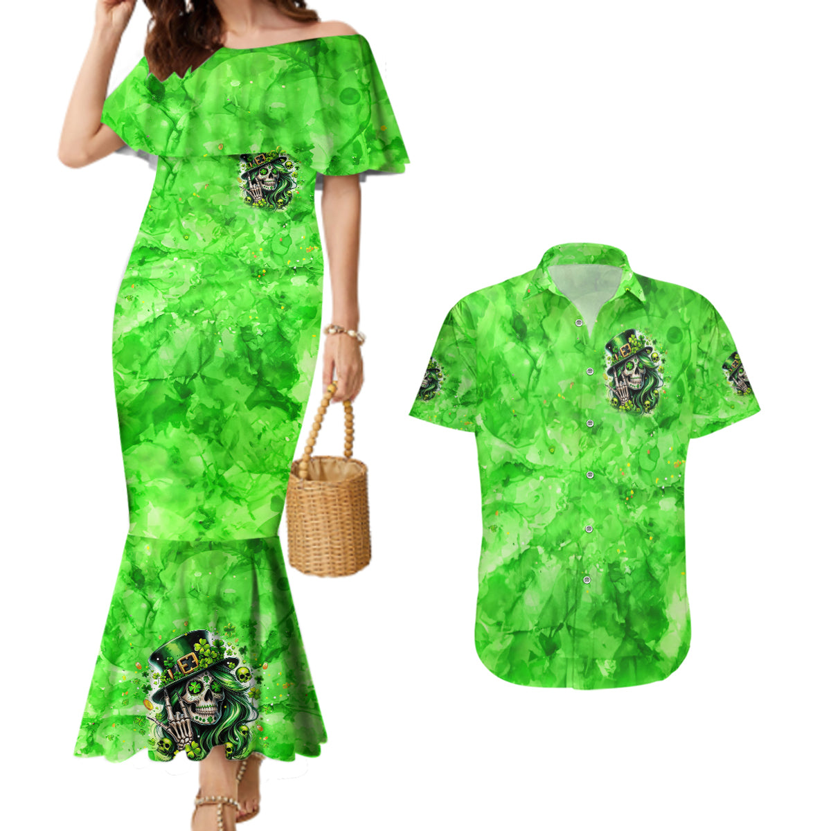 Irish Skull Couples Matching Mermaid Dress and Hawaiian Shirt Shamrock And Roll - Wonder Print Shop