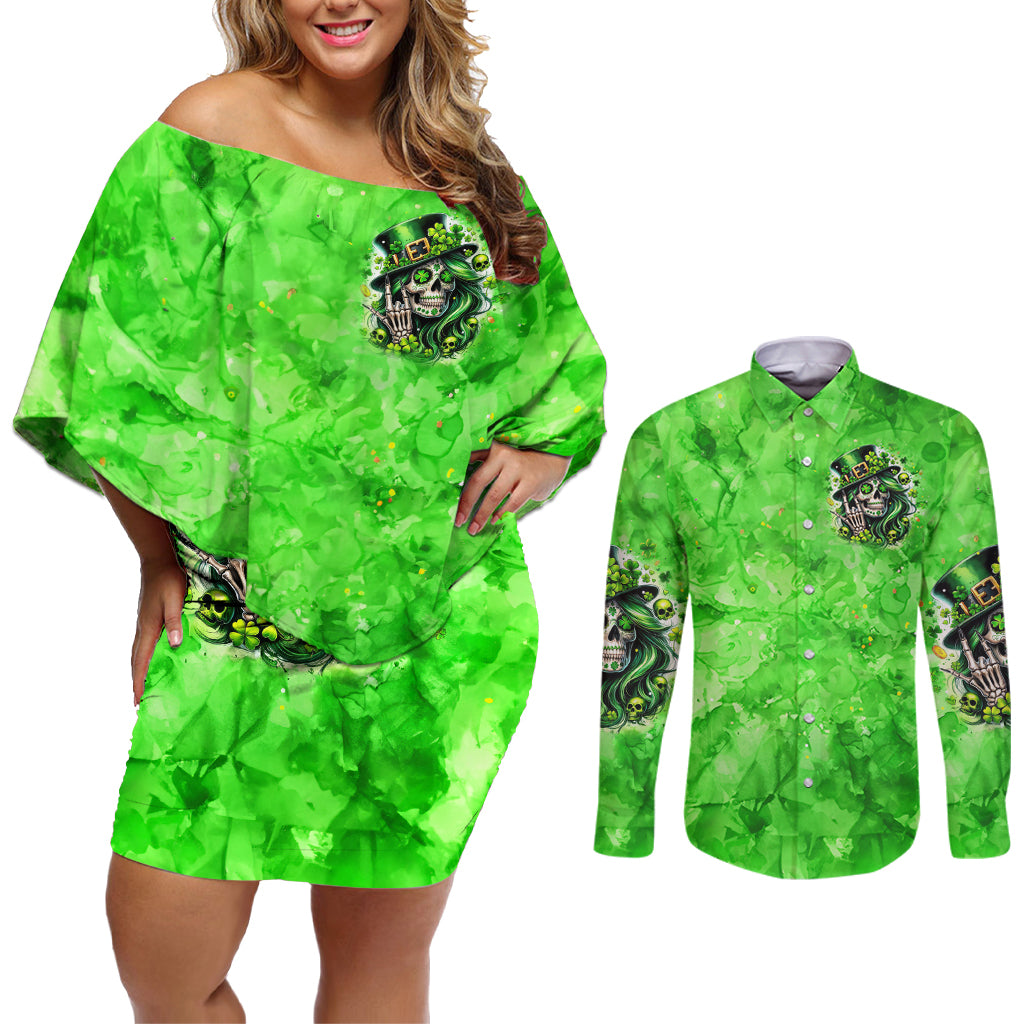 Irish Skull Couples Matching Off Shoulder Short Dress and Long Sleeve Button Shirt Shamrock And Roll - Wonder Print Shop