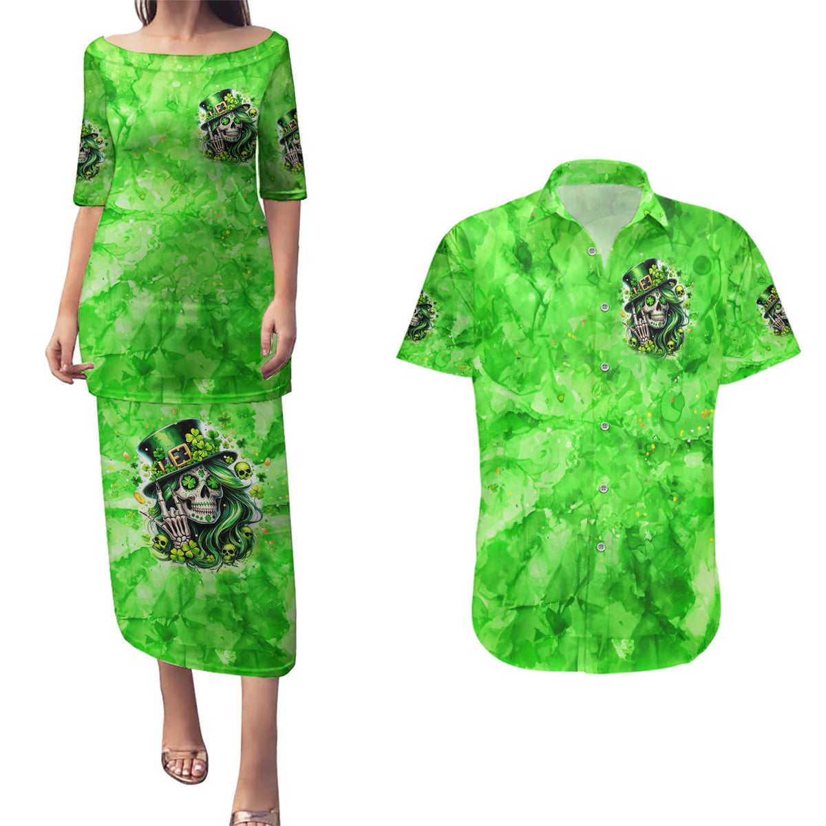 Irish Skull Couples Matching Puletasi and Hawaiian Shirt Shamrock And Roll - Wonder Print Shop