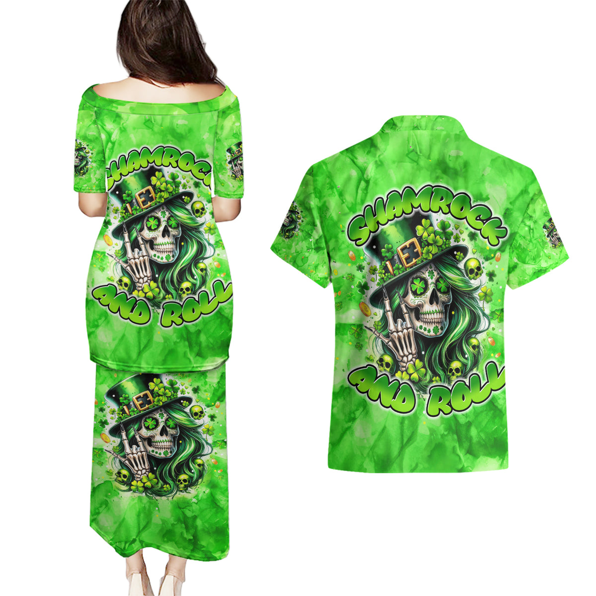 Irish Skull Couples Matching Puletasi and Hawaiian Shirt Shamrock And Roll - Wonder Print Shop