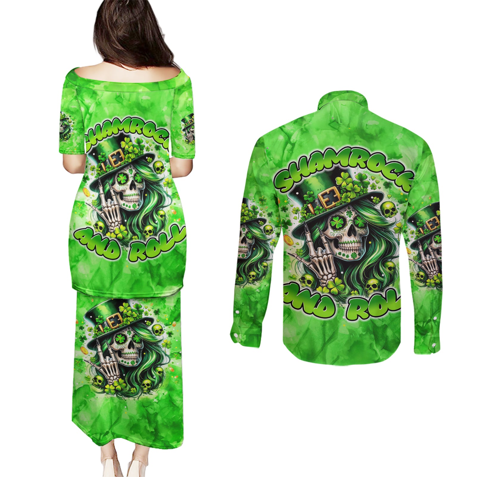Irish Skull Couples Matching Puletasi and Long Sleeve Button Shirt Shamrock And Roll - Wonder Print Shop