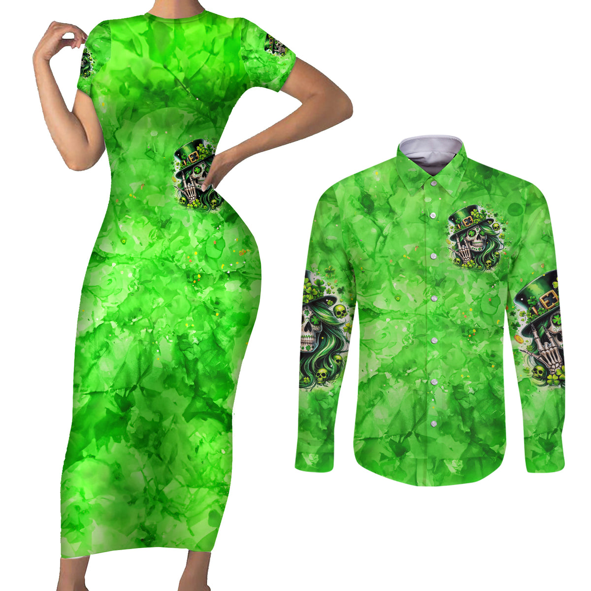 Irish Skull Couples Matching Short Sleeve Bodycon Dress and Long Sleeve Button Shirt Shamrock And Roll - Wonder Print Shop