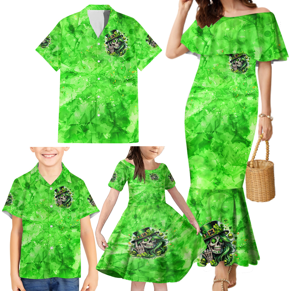 Irish Skull Family Matching Mermaid Dress and Hawaiian Shirt Shamrock And Roll - Wonder Print Shop