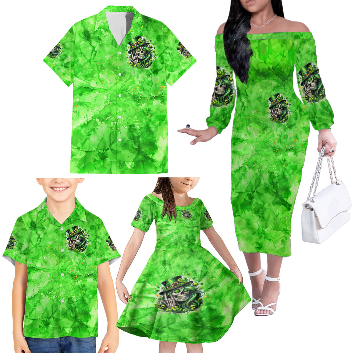 Irish Skull Family Matching Off The Shoulder Long Sleeve Dress and Hawaiian Shirt Shamrock And Roll - Wonder Print Shop
