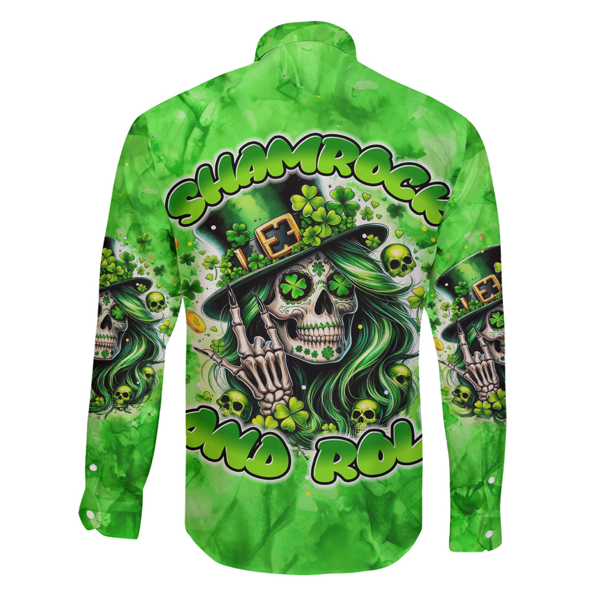 Irish Skull Family Matching Off The Shoulder Long Sleeve Dress and Hawaiian Shirt Shamrock And Roll - Wonder Print Shop