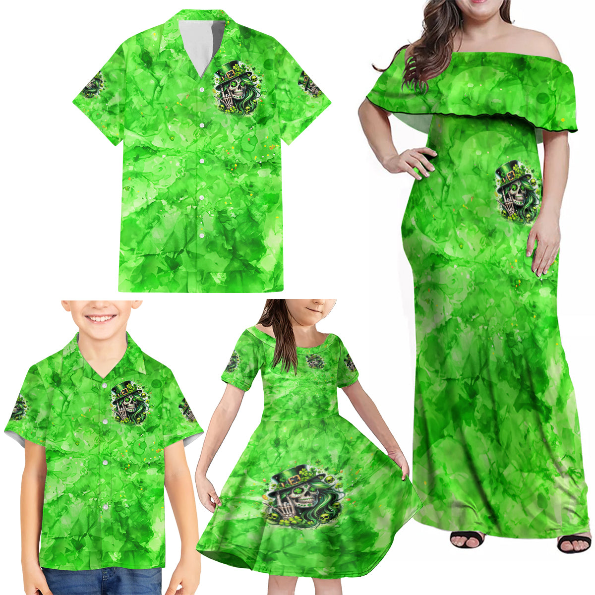 Irish Skull Family Matching Off Shoulder Maxi Dress and Hawaiian Shirt Shamrock And Roll - Wonder Print Shop