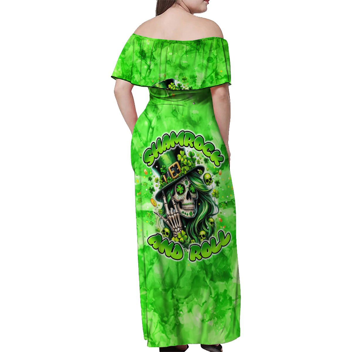Irish Skull Family Matching Off Shoulder Maxi Dress and Hawaiian Shirt Shamrock And Roll - Wonder Print Shop