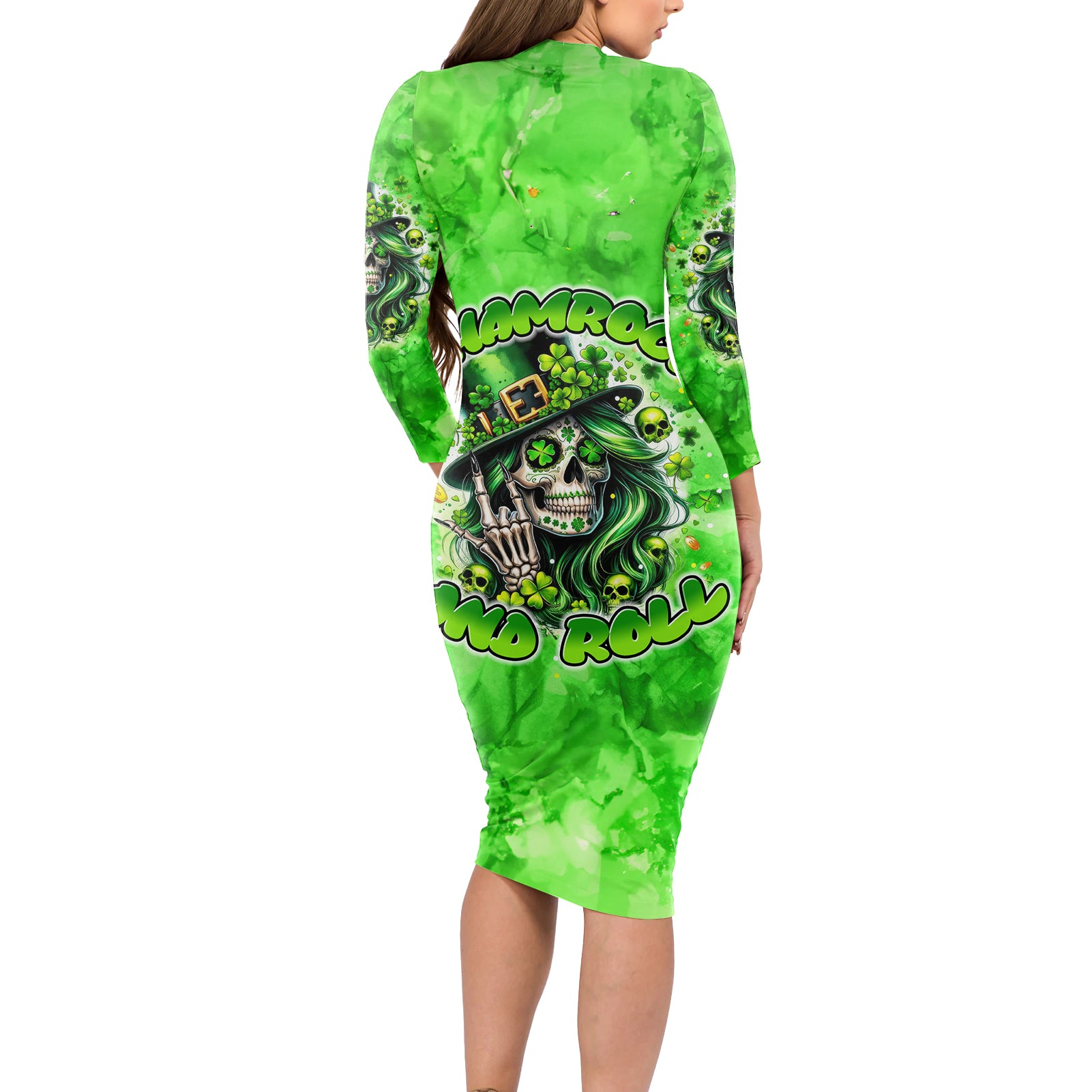 Irish Skull Long Sleeve Bodycon Dress Shamrock And Roll - Wonder Print Shop