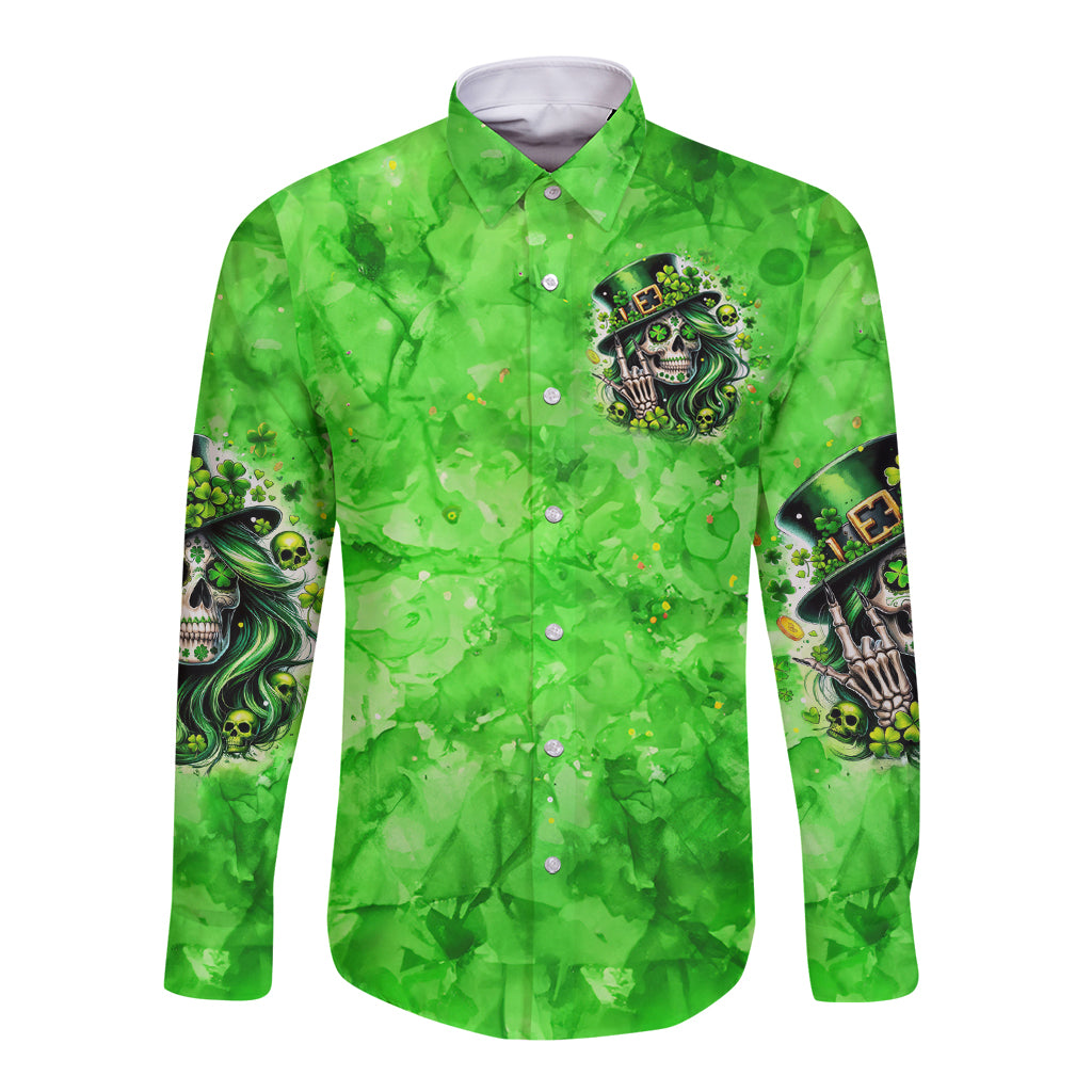 Irish Skull Long Sleeve Button Shirt Shamrock And Roll - Wonder Print Shop