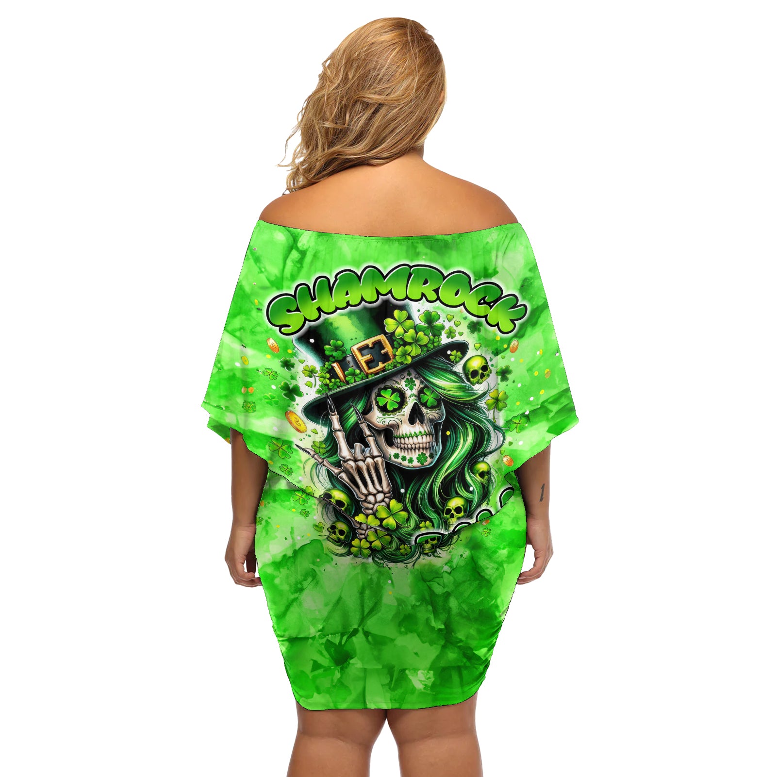 Irish Skull Off Shoulder Short Dress Shamrock And Roll - Wonder Print Shop