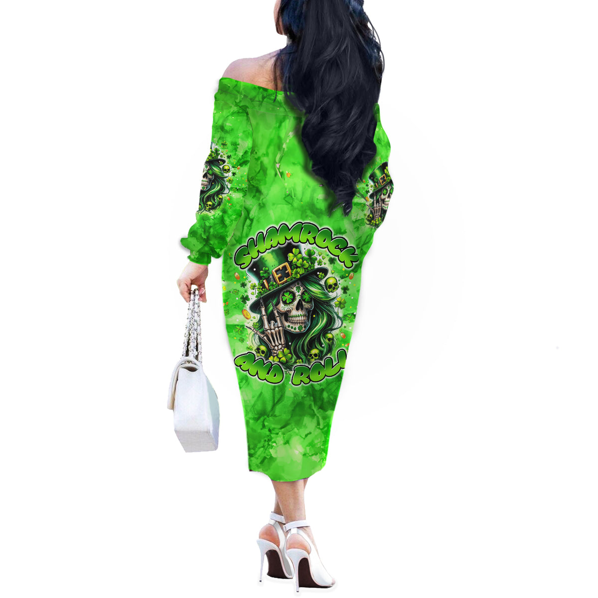 Irish Skull Off The Shoulder Long Sleeve Dress Shamrock And Roll - Wonder Print Shop