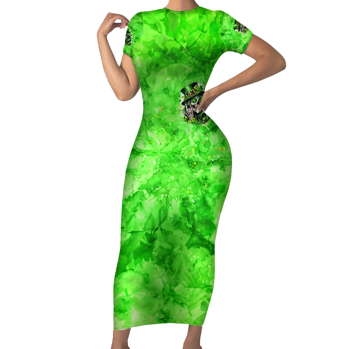 Irish Skull Short Sleeve Bodycon Dress Shamrock And Roll - Wonder Print Shop