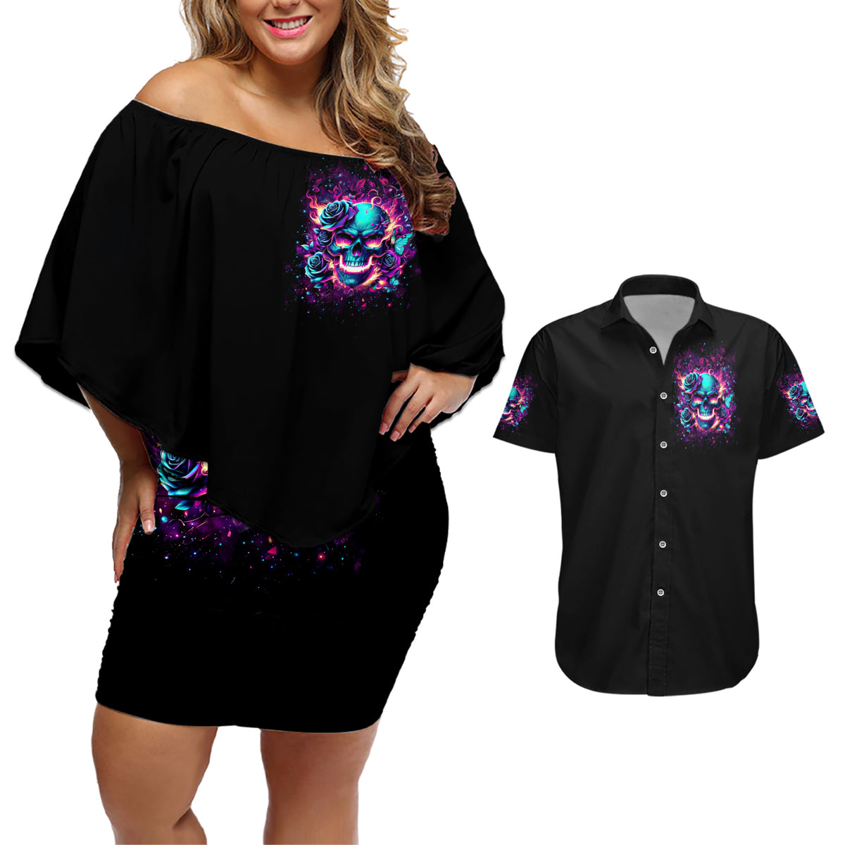 Rose Skull Couples Matching Off Shoulder Short Dress and Hawaiian Shirt The Good Girl In Me Got Tired Of The Bullshit So The Bitch In Me Came Out To Play - Wonder Print Shop