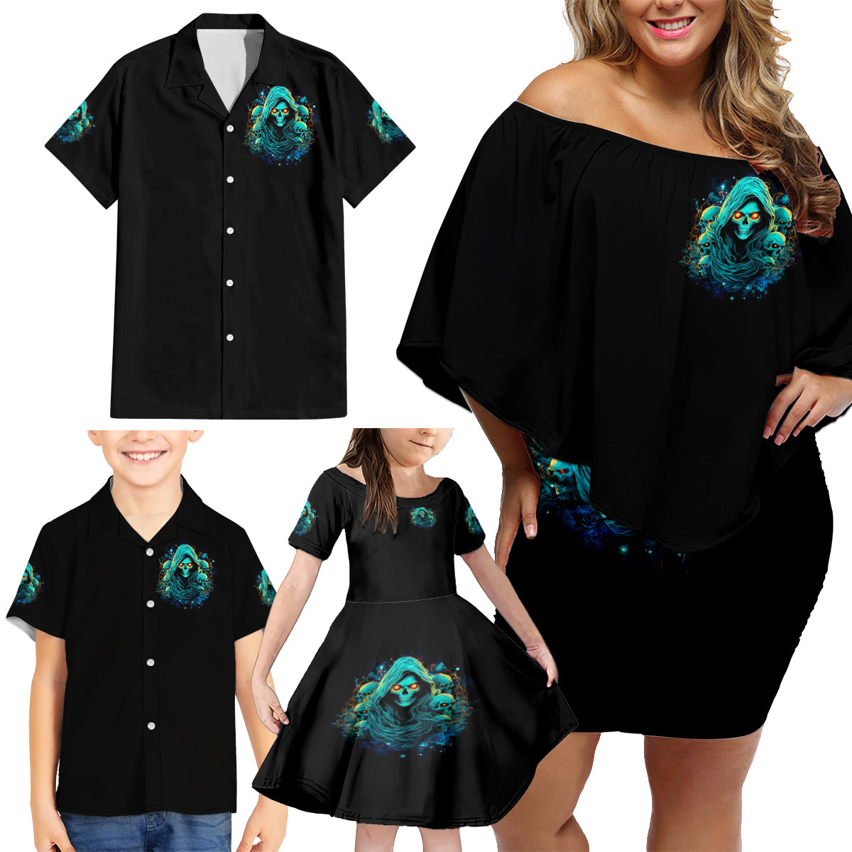 Witch Skull Family Matching Off Shoulder Short Dress and Hawaiian Shirt The Good Girl In Me Got Tired Of The Bullshit So The Bitch In Me Came Out To Play - Wonder Print Shop