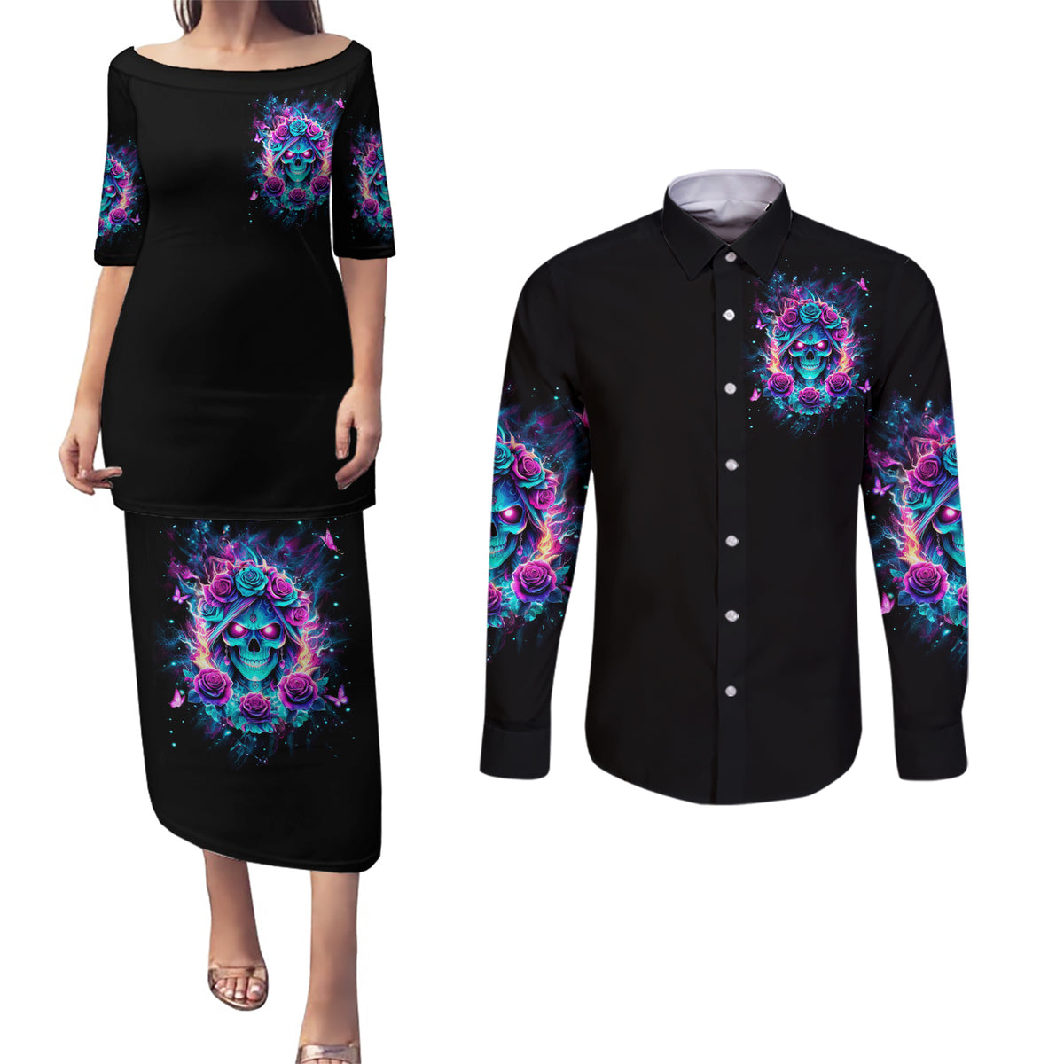 Rose Skull Couples Matching Puletasi and Long Sleeve Button Shirt She Whispered Back Iam The Storm - Wonder Print Shop