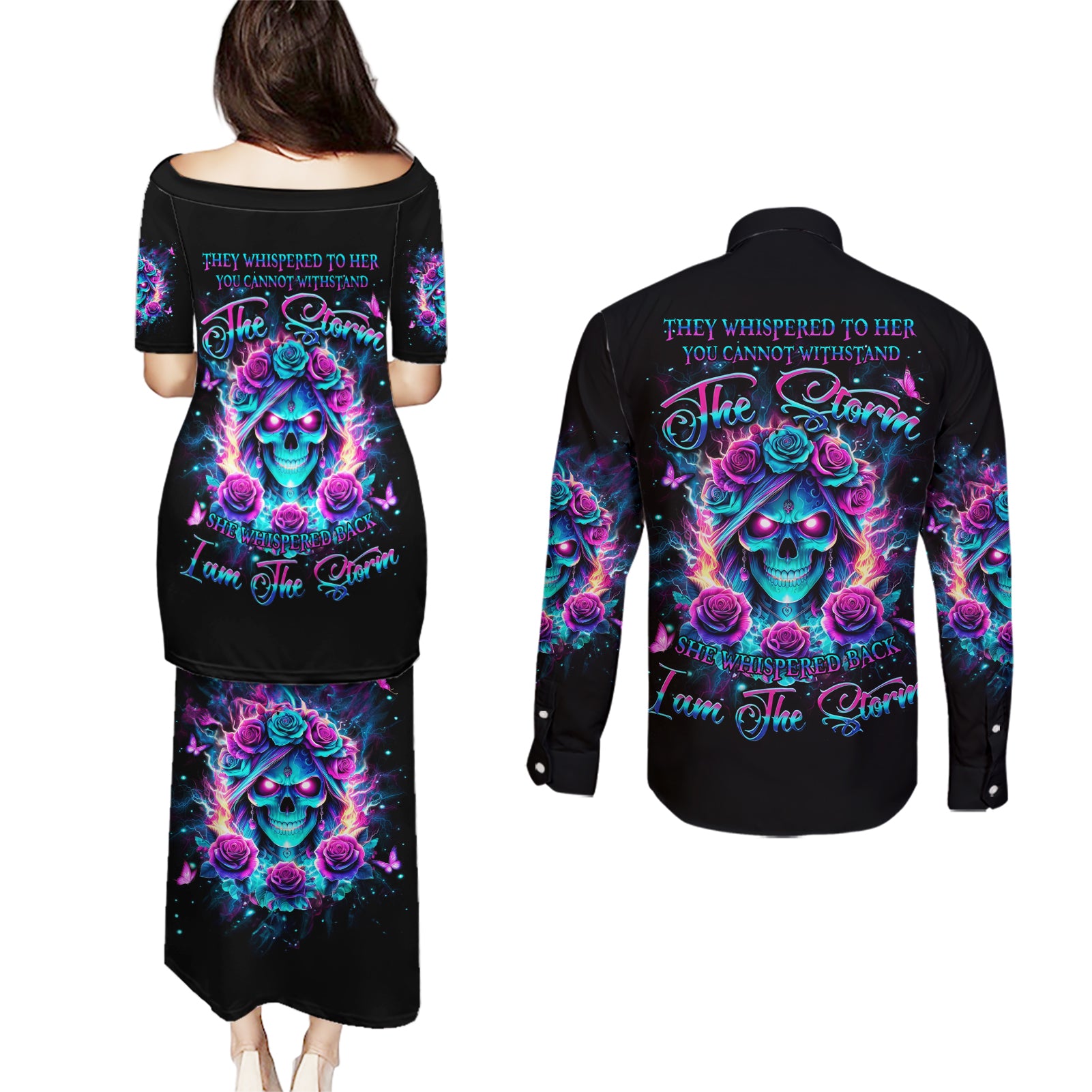 Rose Skull Couples Matching Puletasi and Long Sleeve Button Shirt She Whispered Back Iam The Storm - Wonder Print Shop