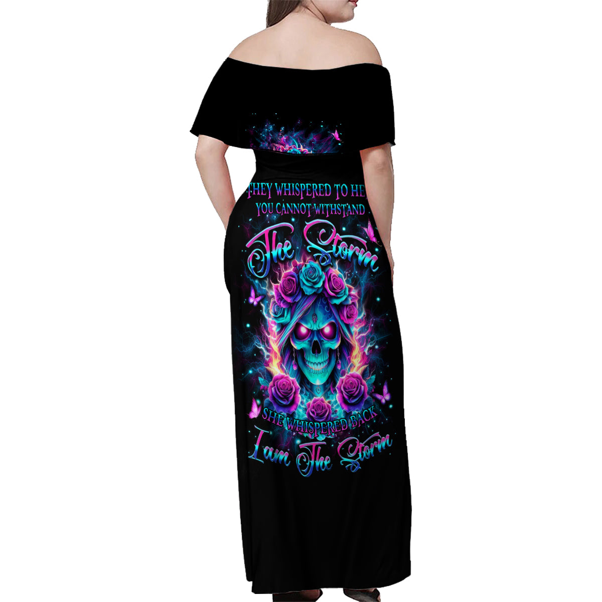 Rose Skull Family Matching Off Shoulder Maxi Dress and Hawaiian Shirt She Whispered Back Iam The Storm - Wonder Print Shop