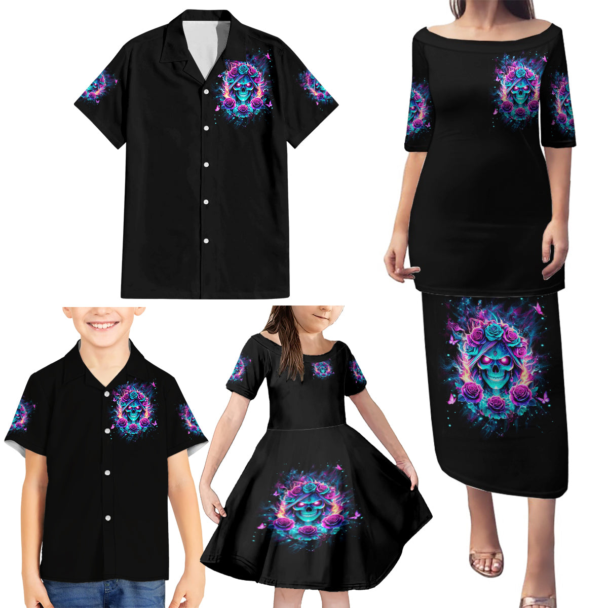 Rose Skull Family Matching Puletasi and Hawaiian Shirt She Whispered Back Iam The Storm - Wonder Print Shop