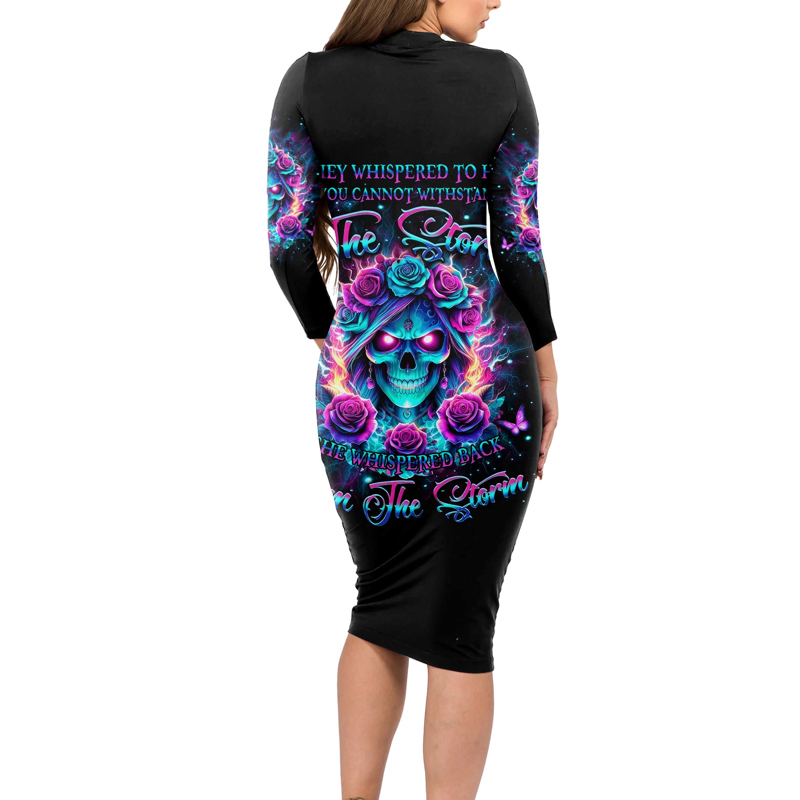 Rose Skull Long Sleeve Bodycon Dress She Whispered Back Iam The Storm - Wonder Print Shop