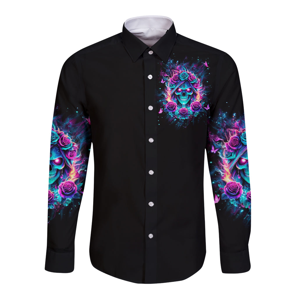 Rose Skull Long Sleeve Button Shirt She Whispered Back Iam The Storm - Wonder Print Shop