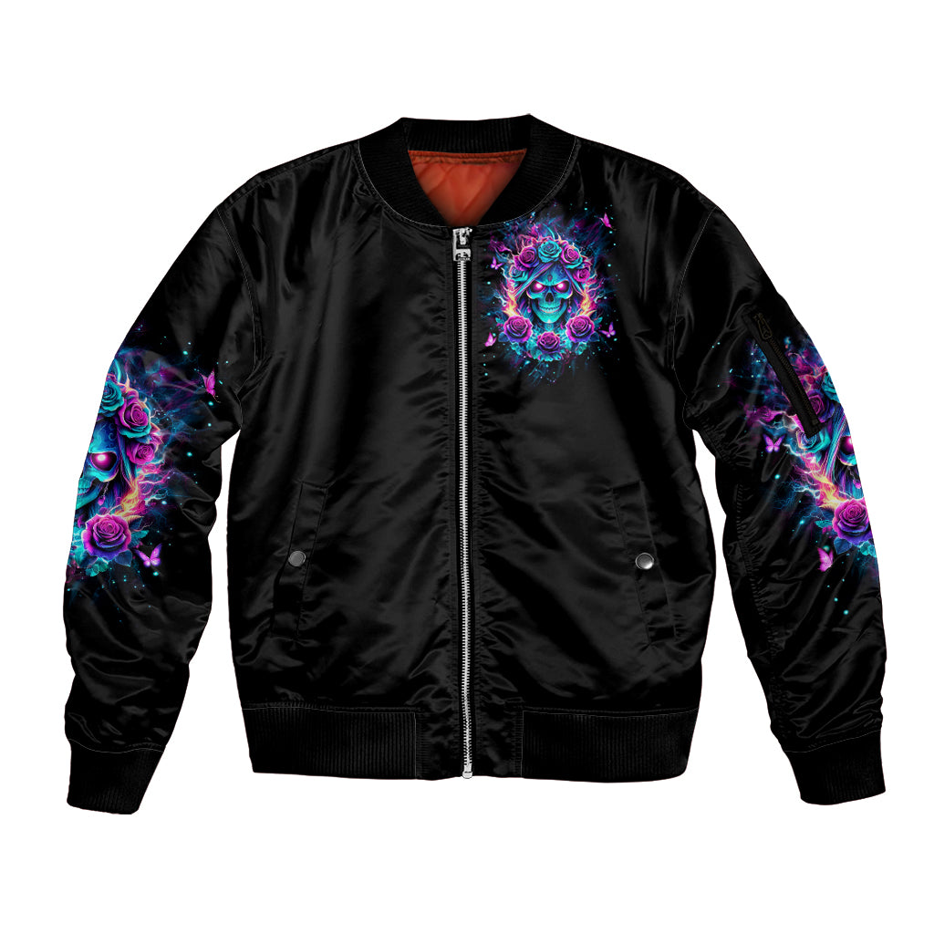 Rose Skull Sleeve Zip Bomber Jacket She Whispered Back Iam The Storm - Wonder Print Shop