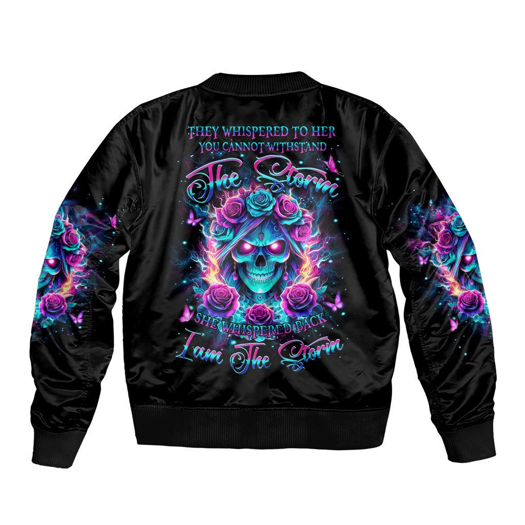 Rose Skull Sleeve Zip Bomber Jacket She Whispered Back Iam The Storm - Wonder Print Shop