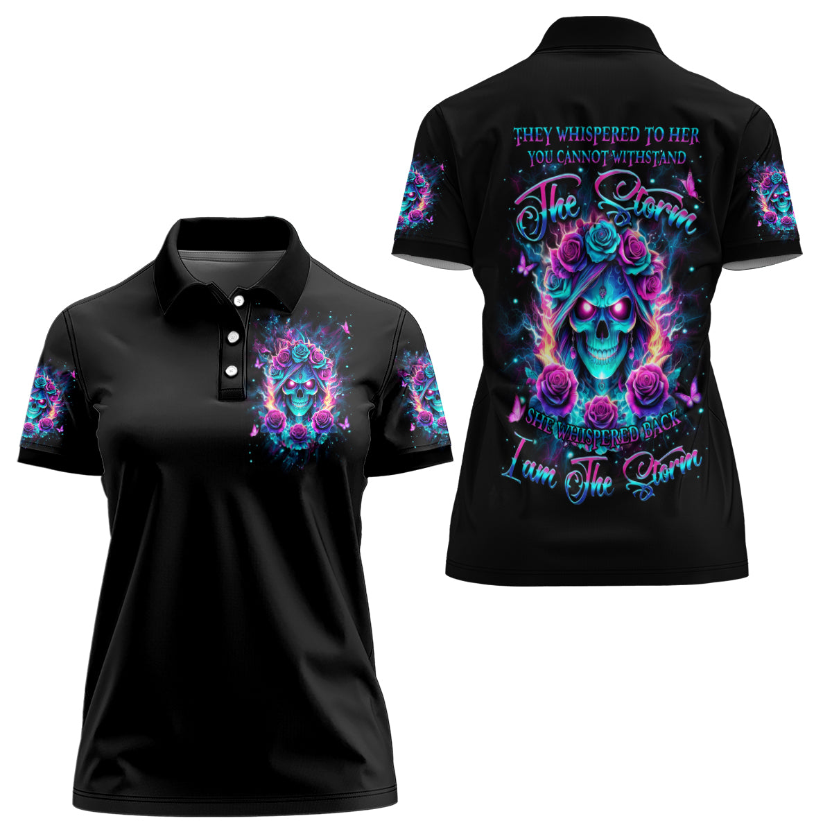 Rose Skull Women Polo Shirt She Whispered Back Iam The Storm - Wonder Print Shop