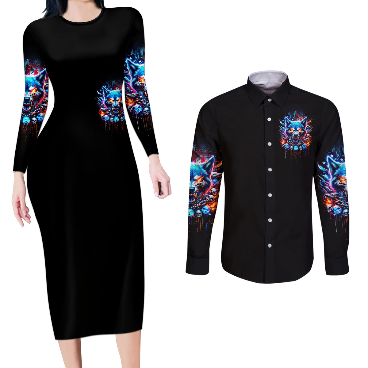 Wolf Skull Couples Matching Long Sleeve Bodycon Dress and Long Sleeve Button Shirt Your First Mistake Was Thinking I was One Of The Sheep - Wonder Print Shop