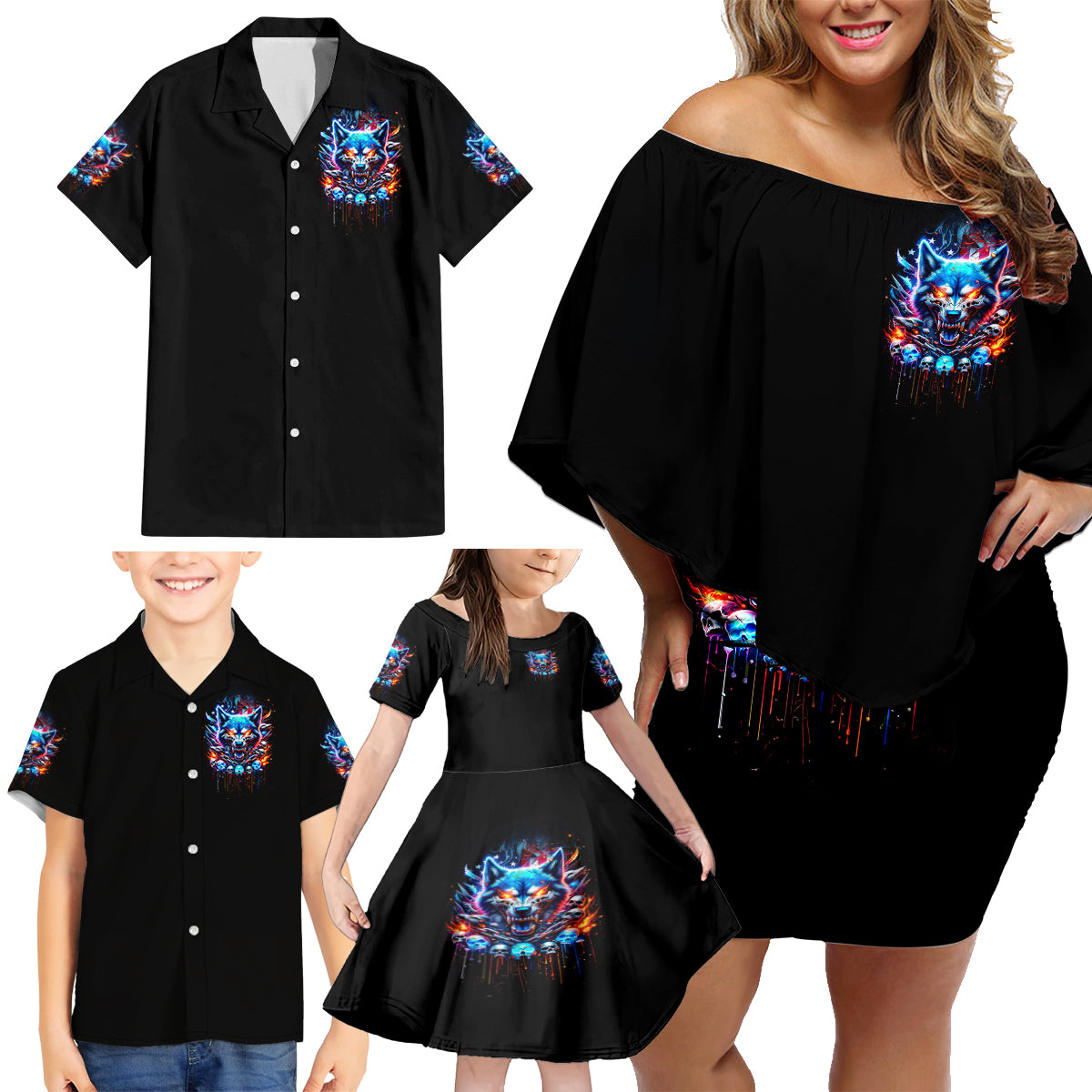 Wolf Skull Family Matching Off Shoulder Short Dress and Hawaiian Shirt Your First Mistake Was Thinking I was One Of The Sheep - Wonder Print Shop