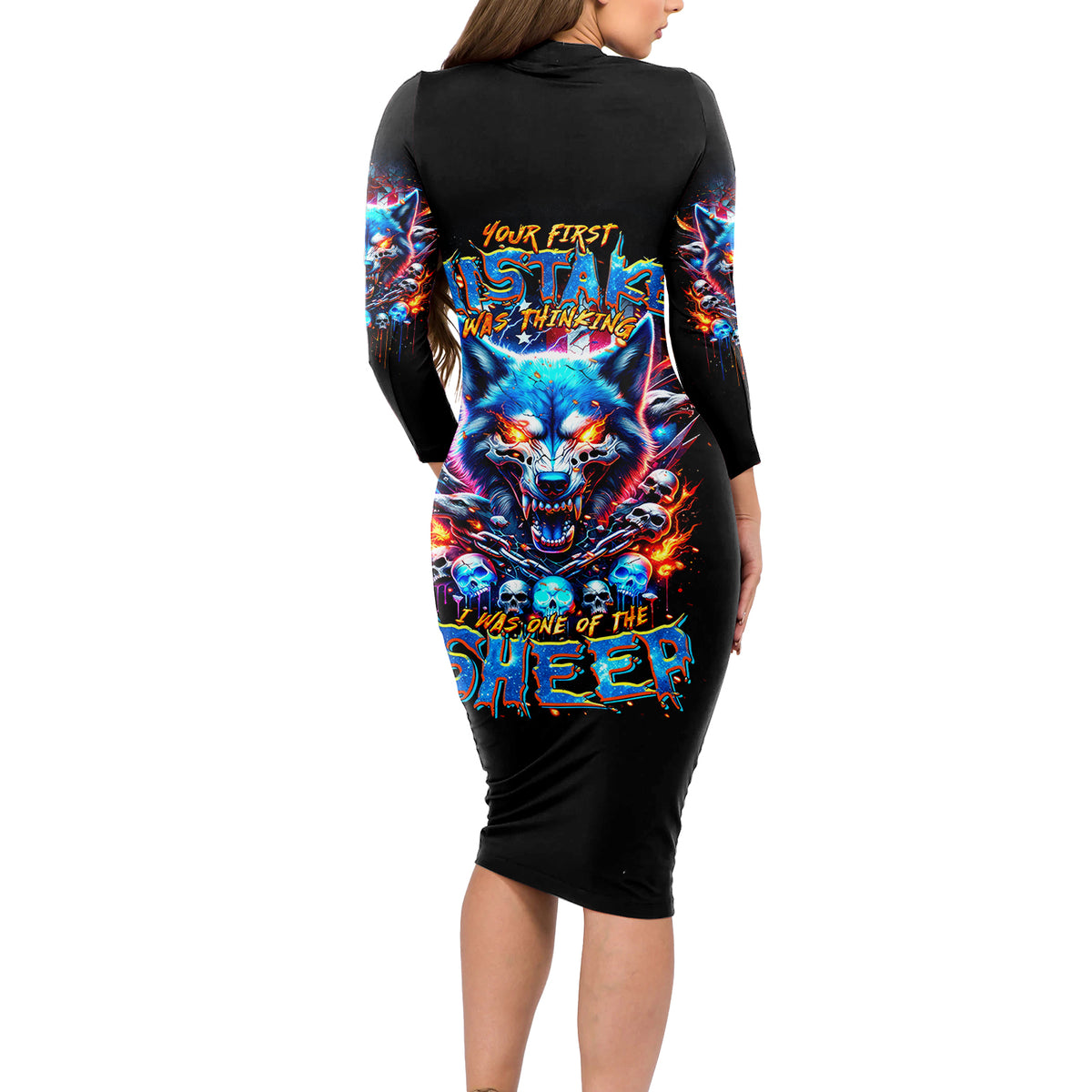 Wolf Skull Long Sleeve Bodycon Dress Your First Mistake Was Thinking I was One Of The Sheep - Wonder Print Shop