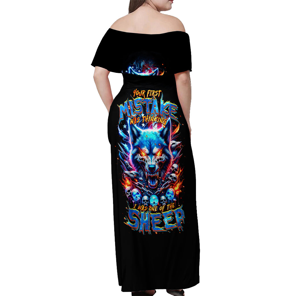 Wolf Skull Off Shoulder Maxi Dress Your First Mistake Was Thinking I was One Of The Sheep - Wonder Print Shop