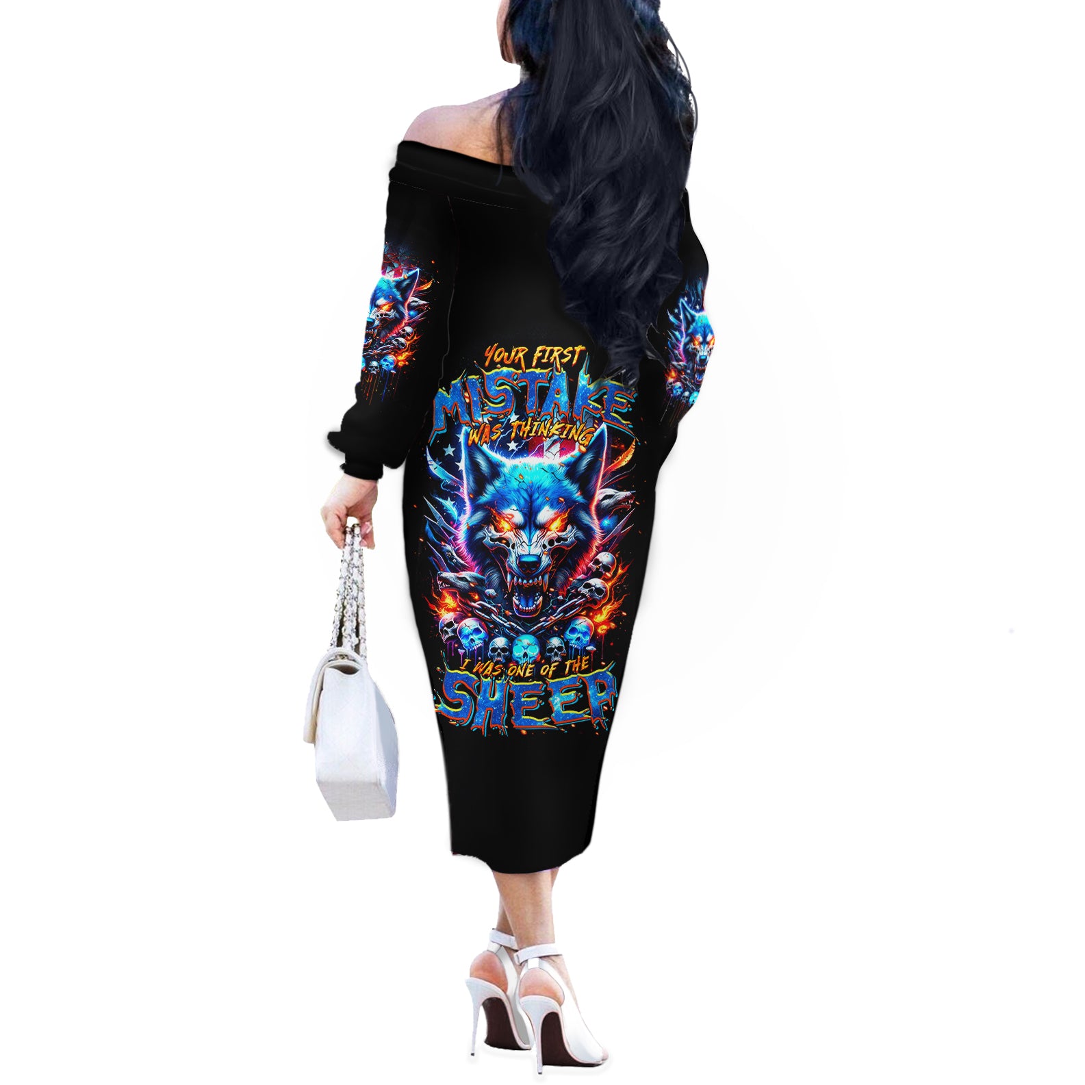 Wolf Skull Off The Shoulder Long Sleeve Dress Your First Mistake Was Thinking I was One Of The Sheep - Wonder Print Shop