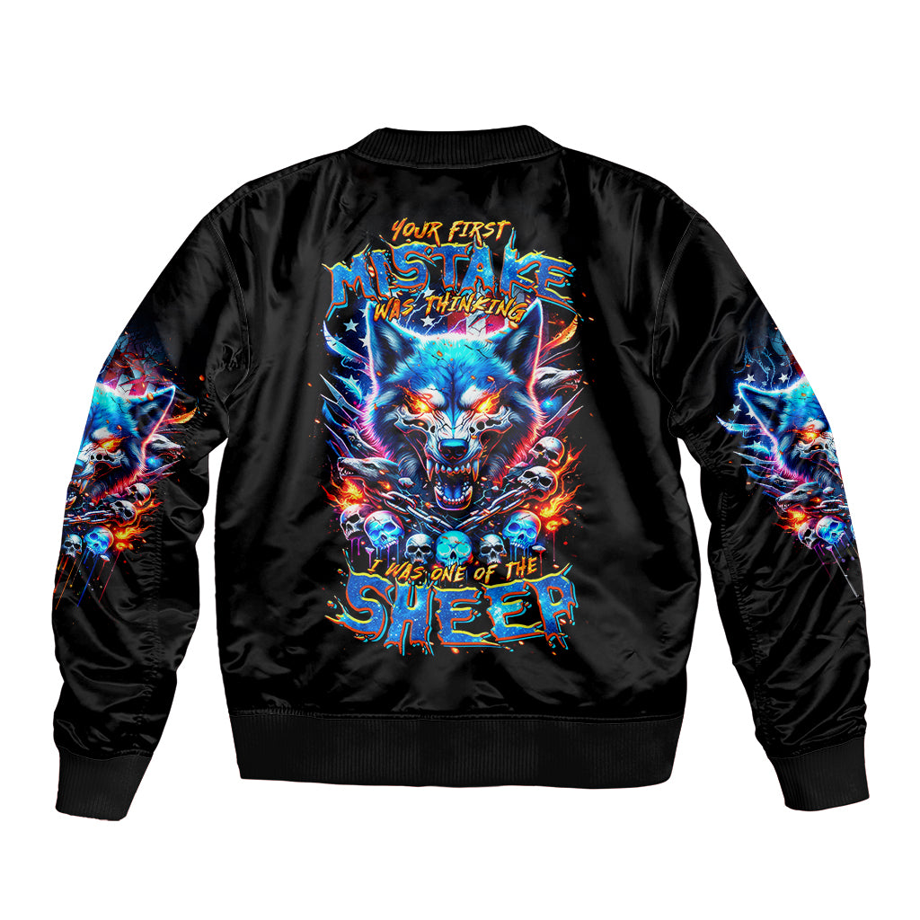 Wolf Skull Sleeve Zip Bomber Jacket Your First Mistake Was Thinking I was One Of The Sheep - Wonder Print Shop