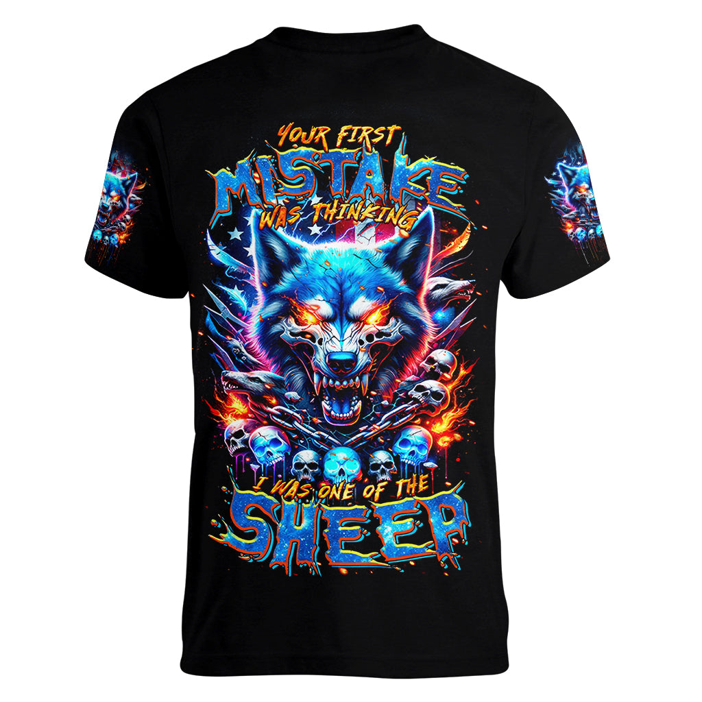 Wolf Skull Women V Neck T Shirt Your First Mistake Was Thinking I was One Of The Sheep - Wonder Print Shop