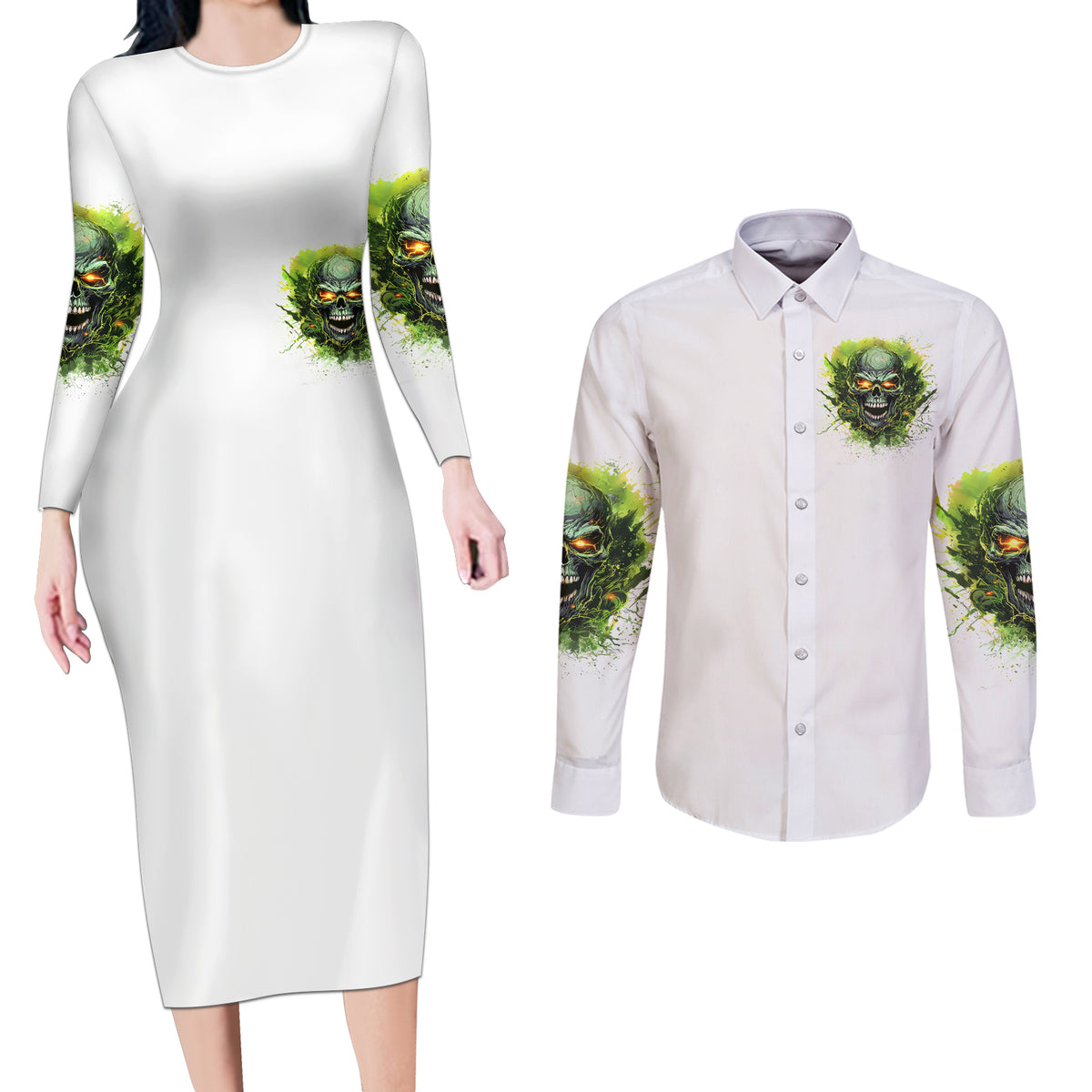 Flame Skull Couples Matching Long Sleeve Bodycon Dress and Long Sleeve Button Shirt One Day Im Gonna Just Say Fuck It All - Wonder Print Shop