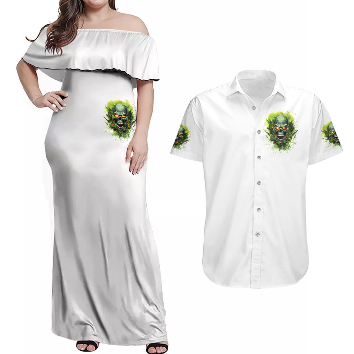 Flame Skull Couples Matching Off Shoulder Maxi Dress and Hawaiian Shirt One Day Im Gonna Just Say Fuck It All - Wonder Print Shop