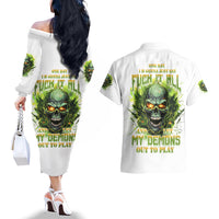 Flame Skull Couples Matching Off The Shoulder Long Sleeve Dress and Hawaiian Shirt One Day Im Gonna Just Say Fuck It All - Wonder Print Shop