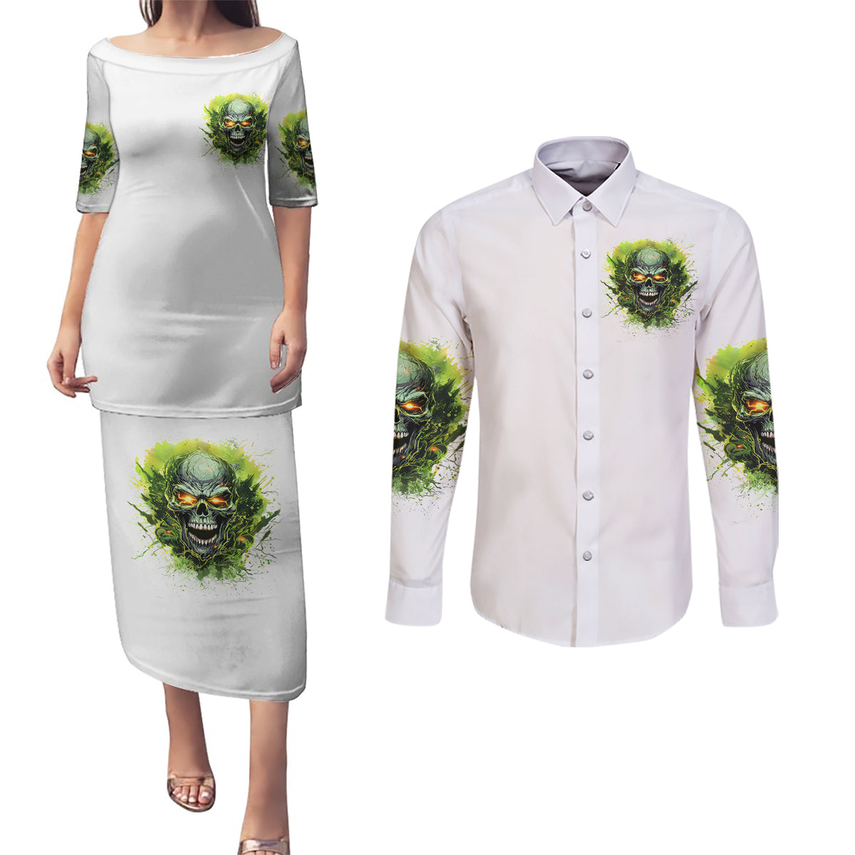 Flame Skull Couples Matching Puletasi and Long Sleeve Button Shirt One Day Im Gonna Just Say Fuck It All - Wonder Print Shop