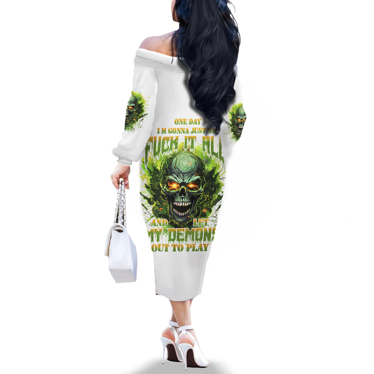 Flame Skull Family Matching Off The Shoulder Long Sleeve Dress and Hawaiian Shirt One Day Im Gonna Just Say Fuck It All - Wonder Print Shop