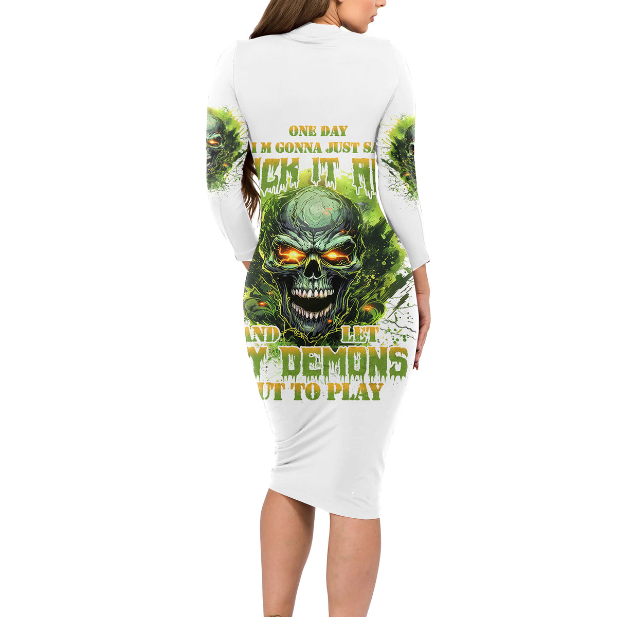 Flame Skull Long Sleeve Bodycon Dress One Day Im Gonna Just Say Fuck It All - Wonder Print Shop