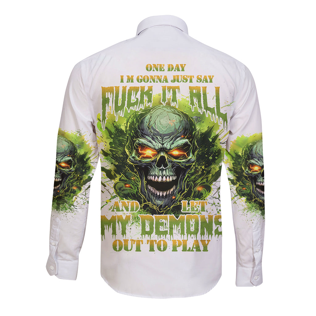 Flame Skull Long Sleeve Button Shirt One Day Im Gonna Just Say Fuck It All - Wonder Print Shop