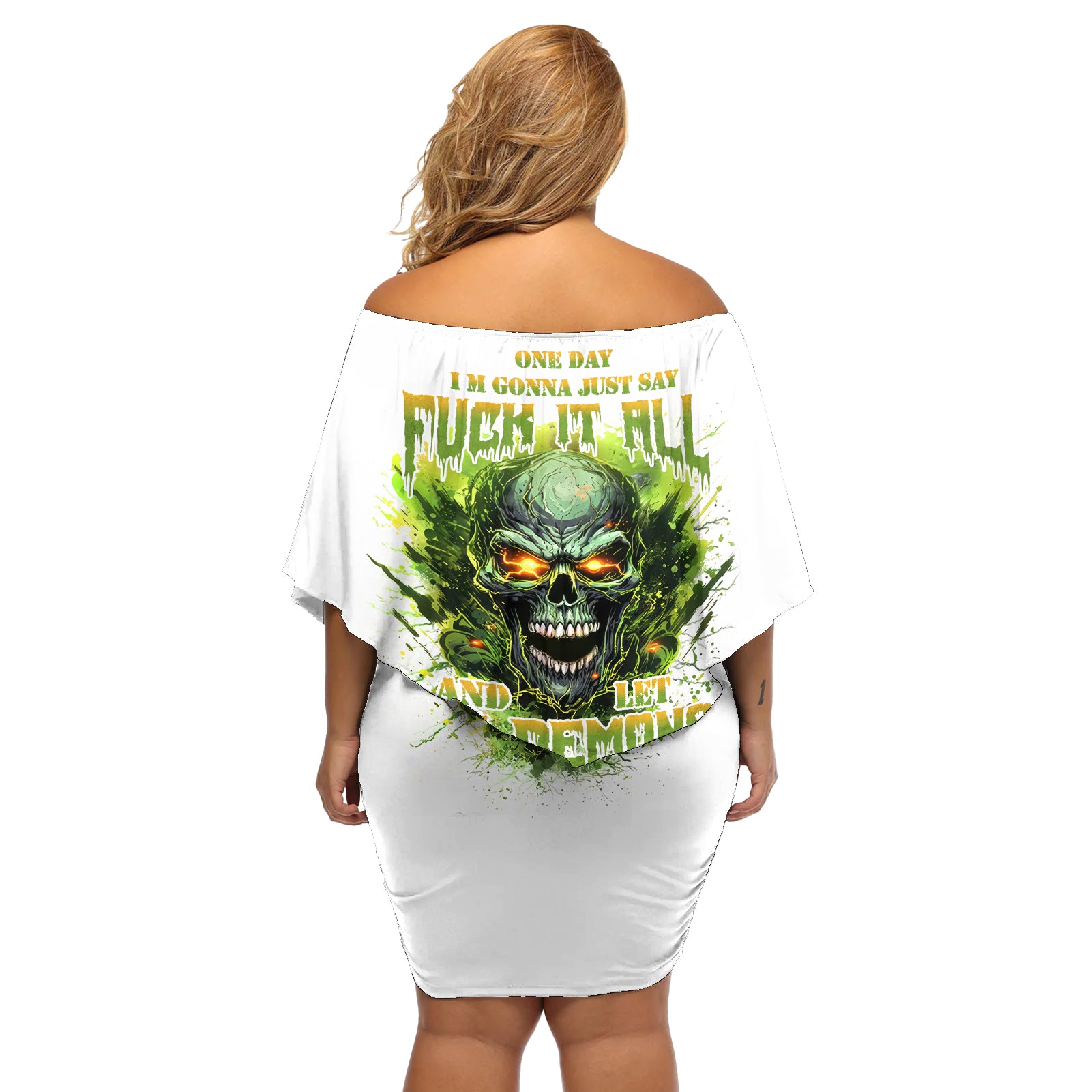 Flame Skull Off Shoulder Short Dress One Day Im Gonna Just Say Fuck It All - Wonder Print Shop