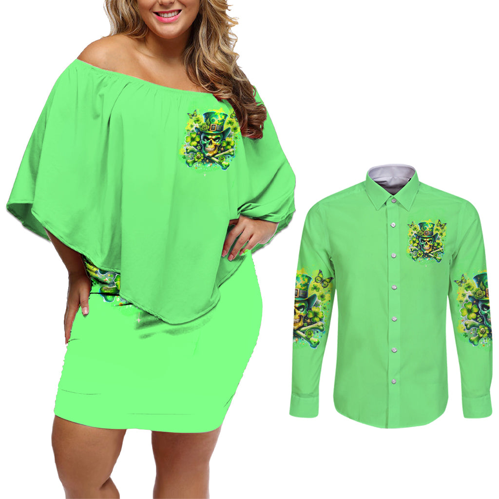 Irish Skull Couples Matching Off Shoulder Short Dress and Long Sleeve Button Shirt I'm Not Anti Social I'm Just Not User Friendly - Wonder Print Shop