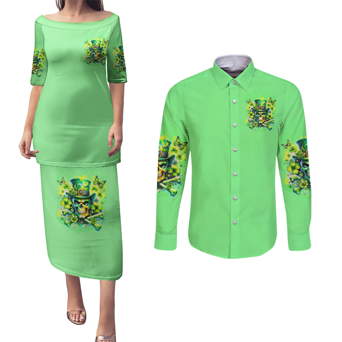 Irish Skull Couples Matching Puletasi and Long Sleeve Button Shirt I'm Not Anti Social I'm Just Not User Friendly - Wonder Print Shop