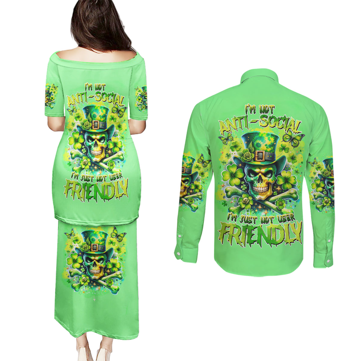 Irish Skull Couples Matching Puletasi and Long Sleeve Button Shirt I'm Not Anti Social I'm Just Not User Friendly - Wonder Print Shop