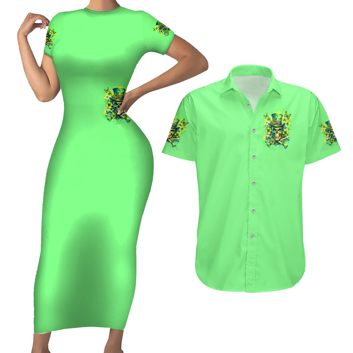 Irish Skull Couples Matching Short Sleeve Bodycon Dress and Hawaiian Shirt I'm Not Anti Social I'm Just Not User Friendly - Wonder Print Shop