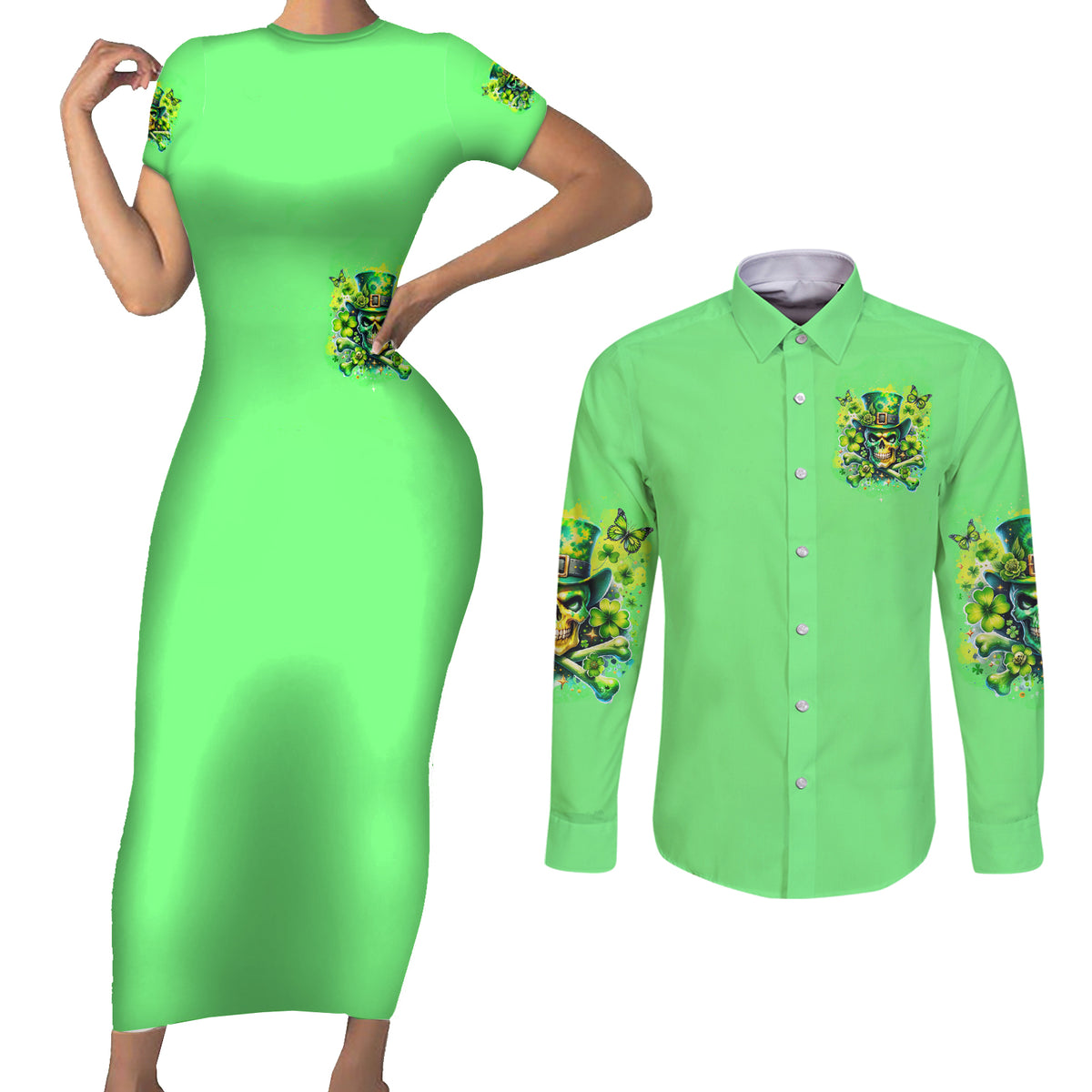 Irish Skull Couples Matching Short Sleeve Bodycon Dress and Long Sleeve Button Shirt I'm Not Anti Social I'm Just Not User Friendly - Wonder Print Shop