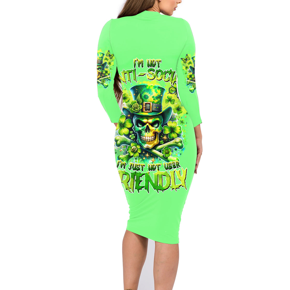 Irish Skull Family Matching Long Sleeve Bodycon Dress and Hawaiian Shirt I'm Not Anti Social I'm Just Not User Friendly - Wonder Print Shop